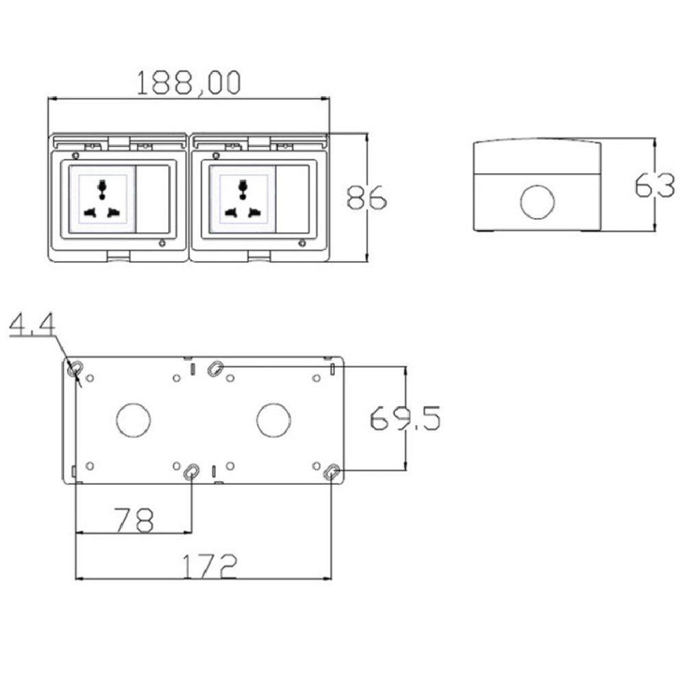 Открытый водонепроницаемый выключатель розетки с пятью отверстиями