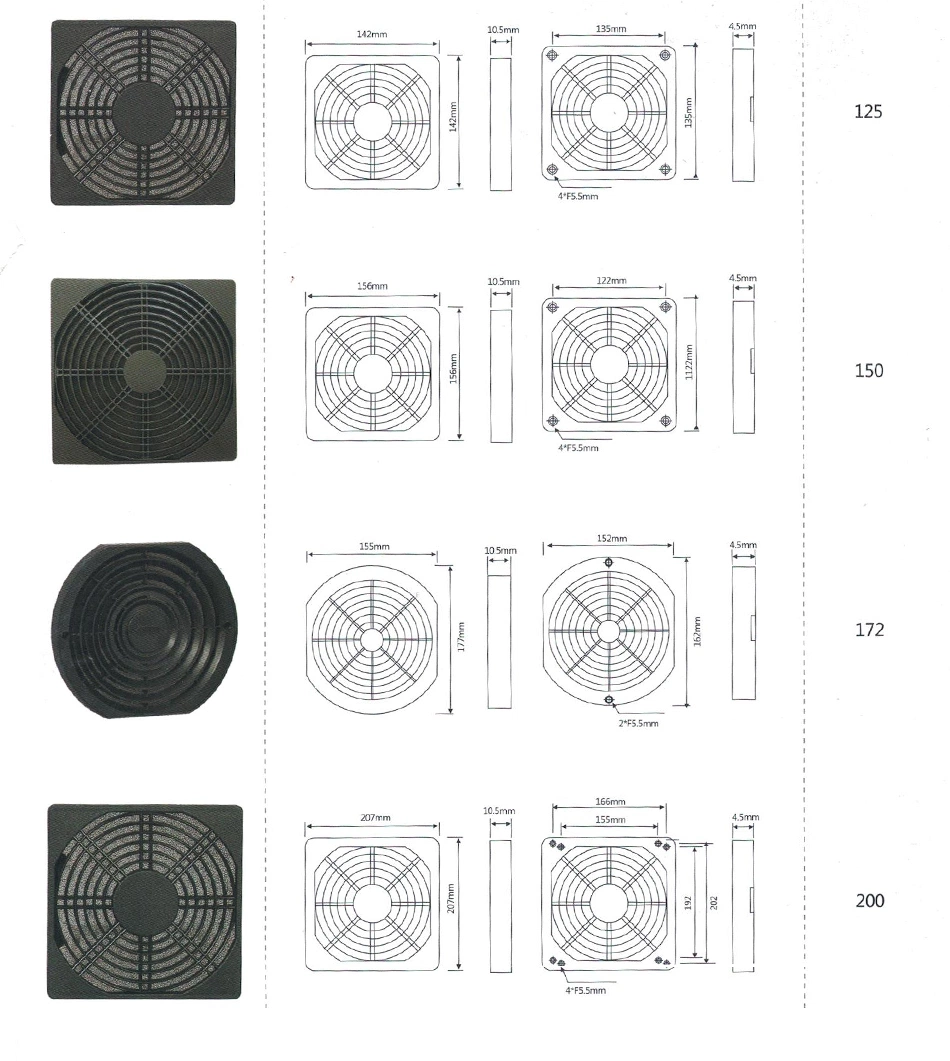 Осевой вентиляторный фильтр 172 мм * 172 мм, округлость, АБС-пластик, черный защитный кожух вентилятора